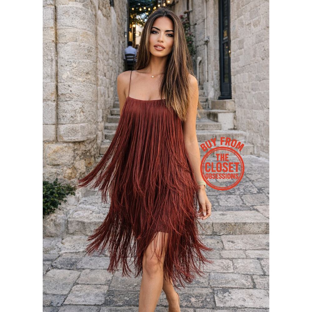 ZARA Fringe Midi Dress with Spaghetti Straps NWT 🤎